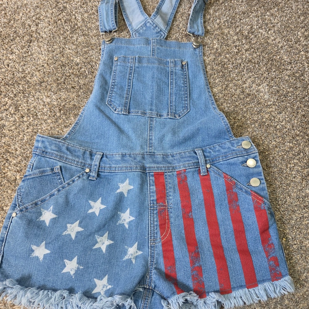 Tinseltown Womens American Flag Denim Shortall Overalls Stars Stripes Medium